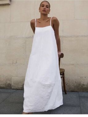 White Linen Midi Slip Dress with Spaghetti Straps